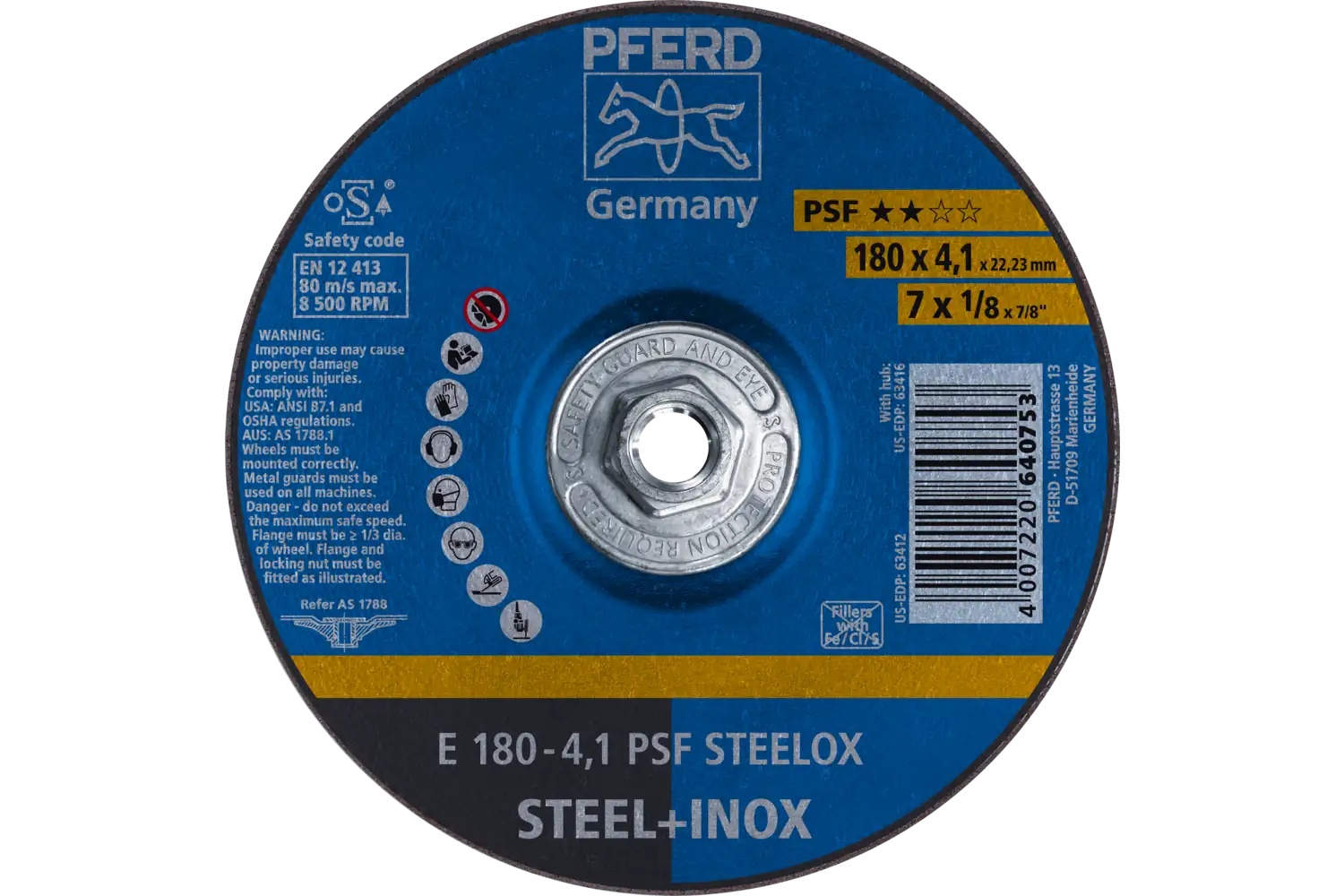 Picture of Pferd Grinding Wheel, 7" X 1/8 X 5/8-11, Psf Steelox, T27, Aluminum Oxide